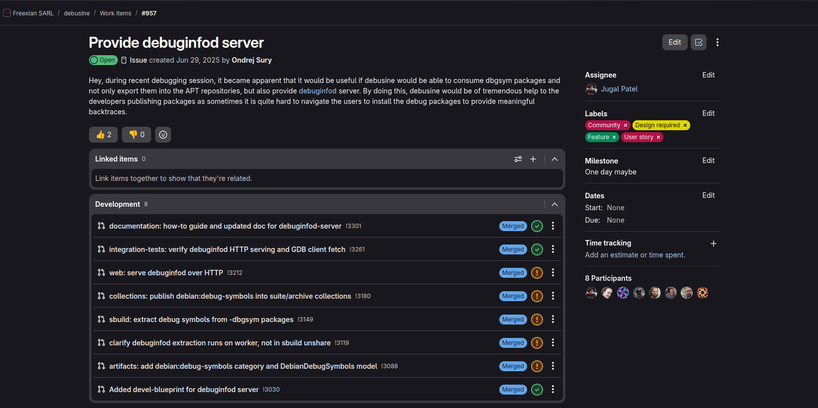 Provide debuginfod server work item and all my merged PRs till now