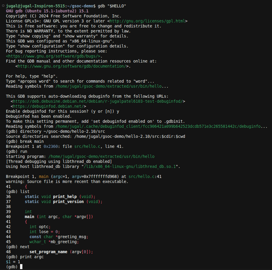 Setting debuginfod url for gdb and debugging session!