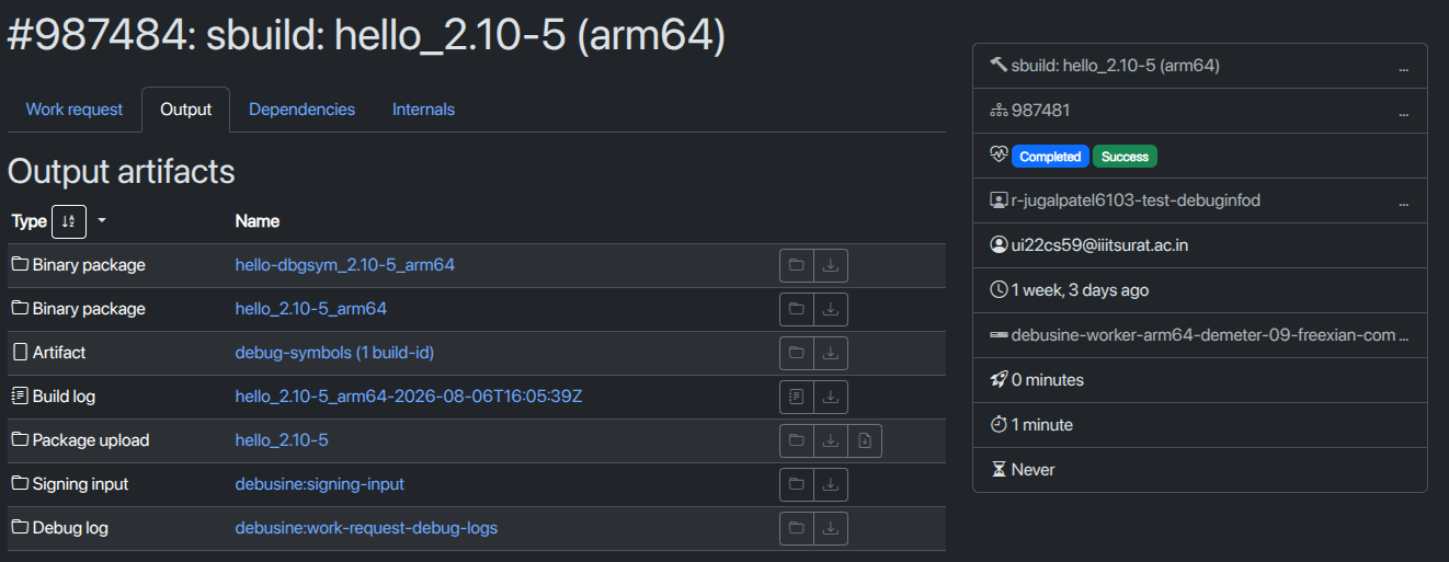 sbuild task output showing the new debian:debug-symbols artifact